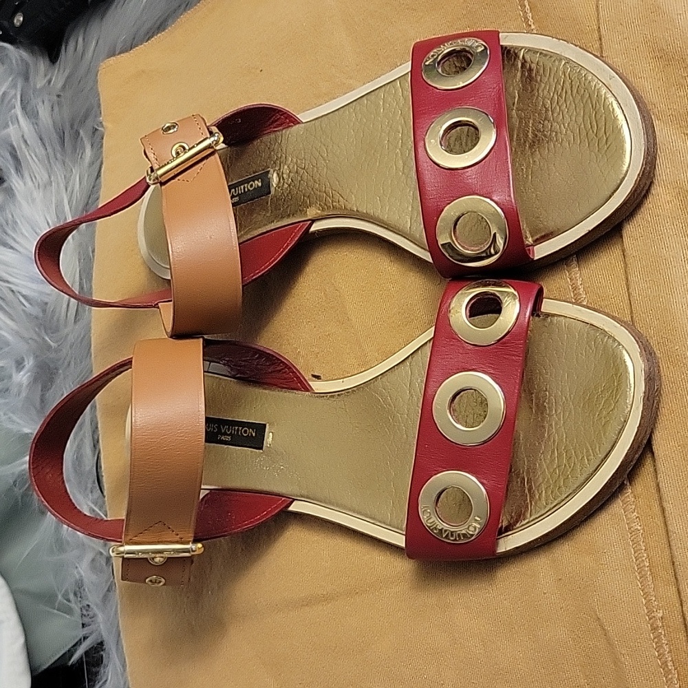 Louis Vuitton Red and Tan Leather Sandals - Picture 11 of 15